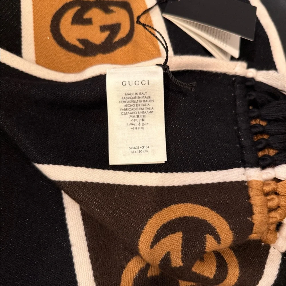 Gucci Camel, Brown & Black GG Logo Knit Scarf wool New with Tags - Picture 8 of 8